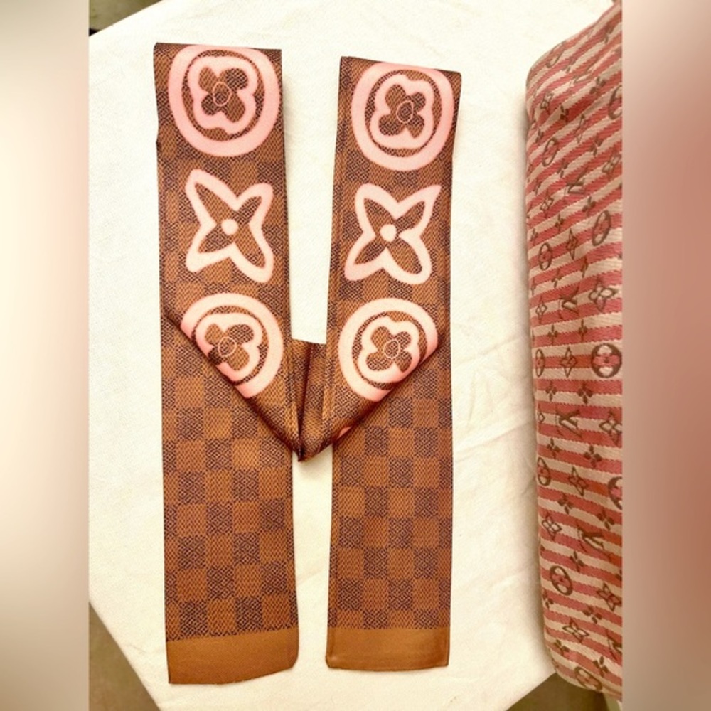 Designer Bandeau Silk Twilly Scarf in Pink Brown - Picture 2 of 5